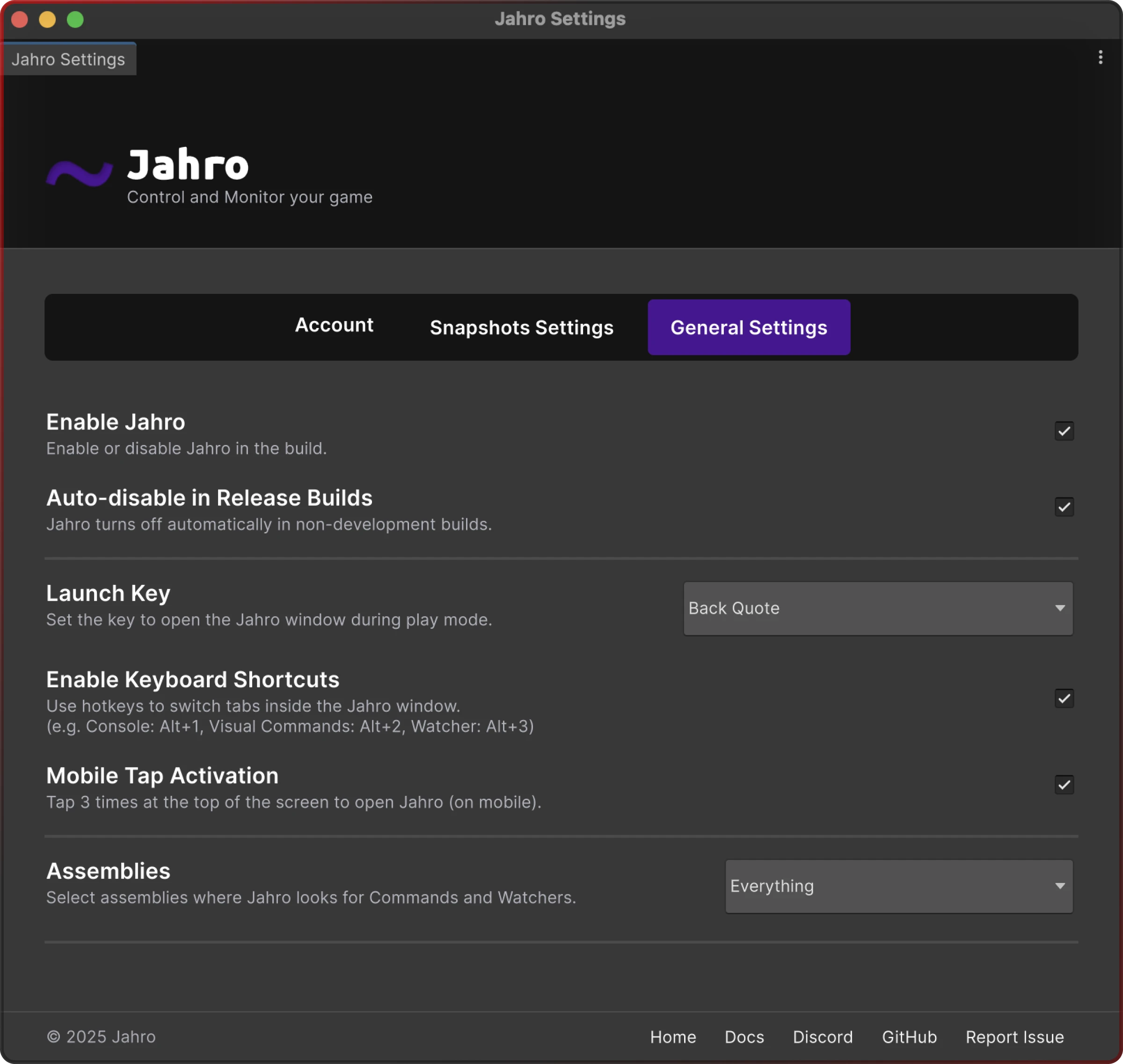 jahro settings general view