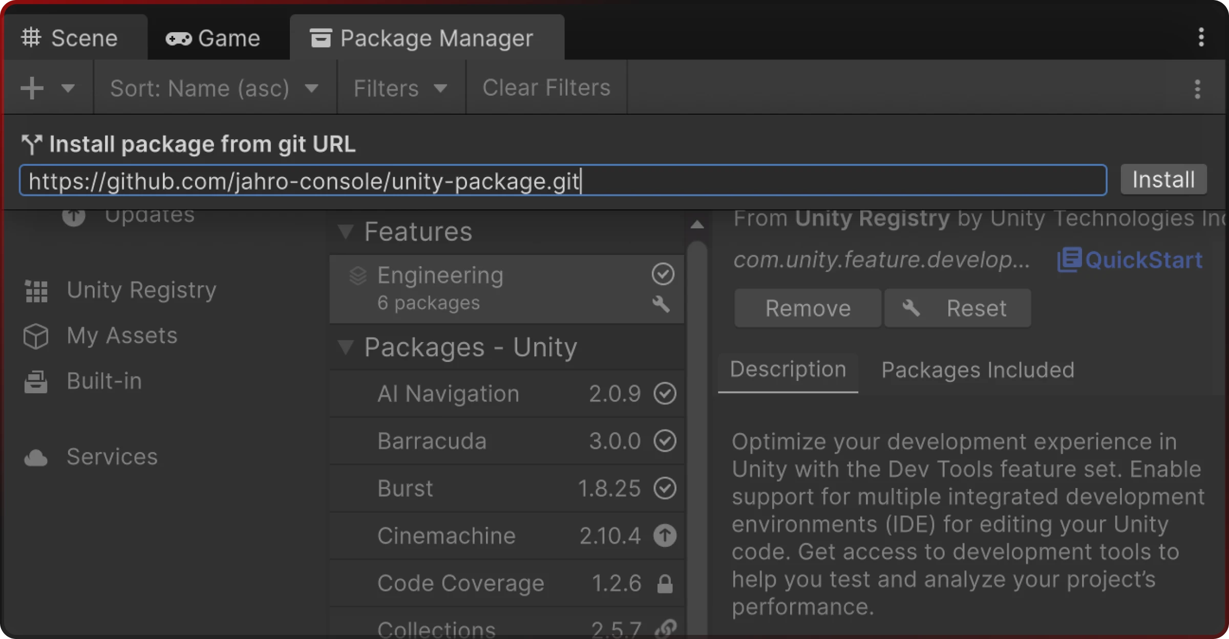 Unity package manager installing Jahro debugging tool via Git URL