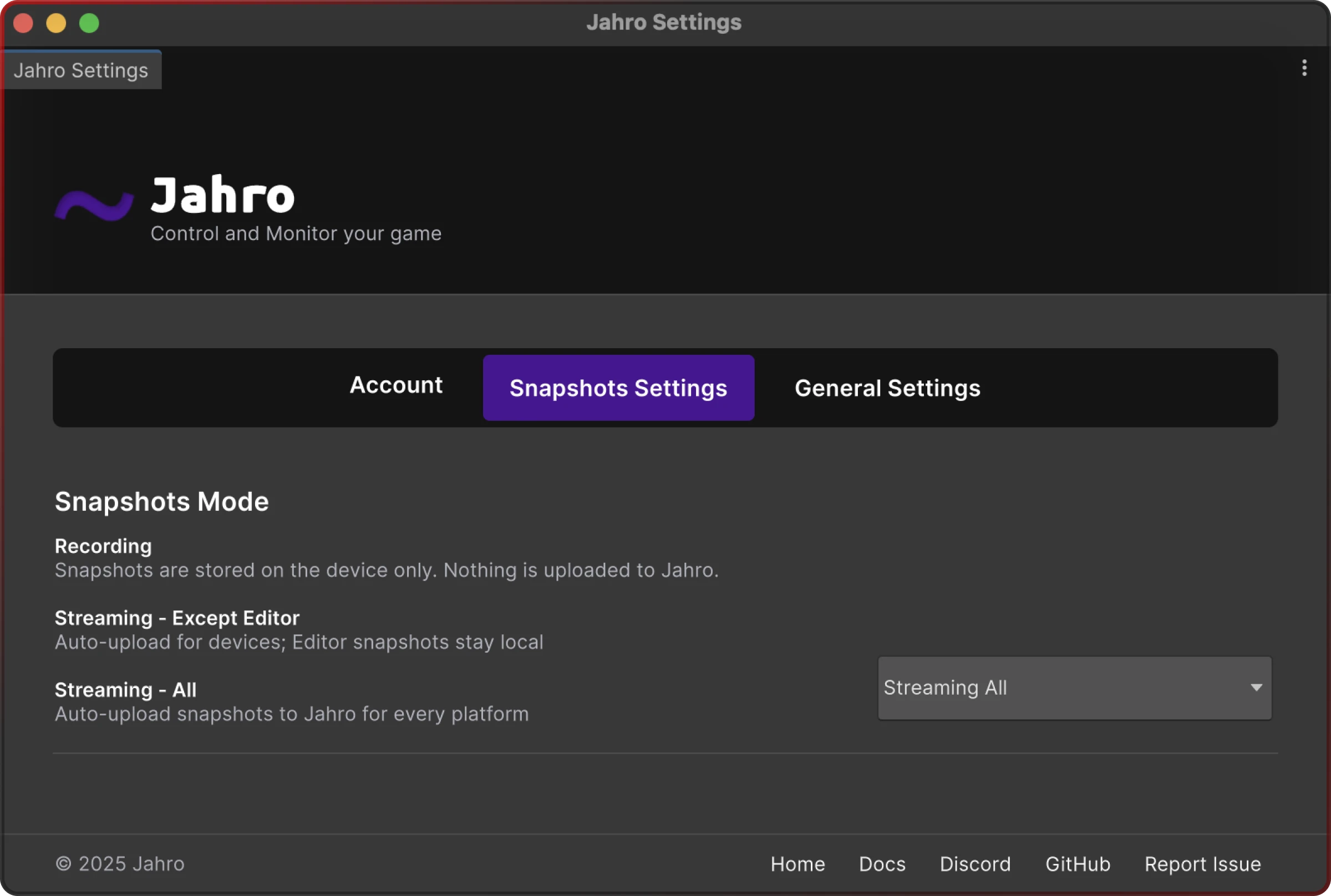 jahro settings snapshots view