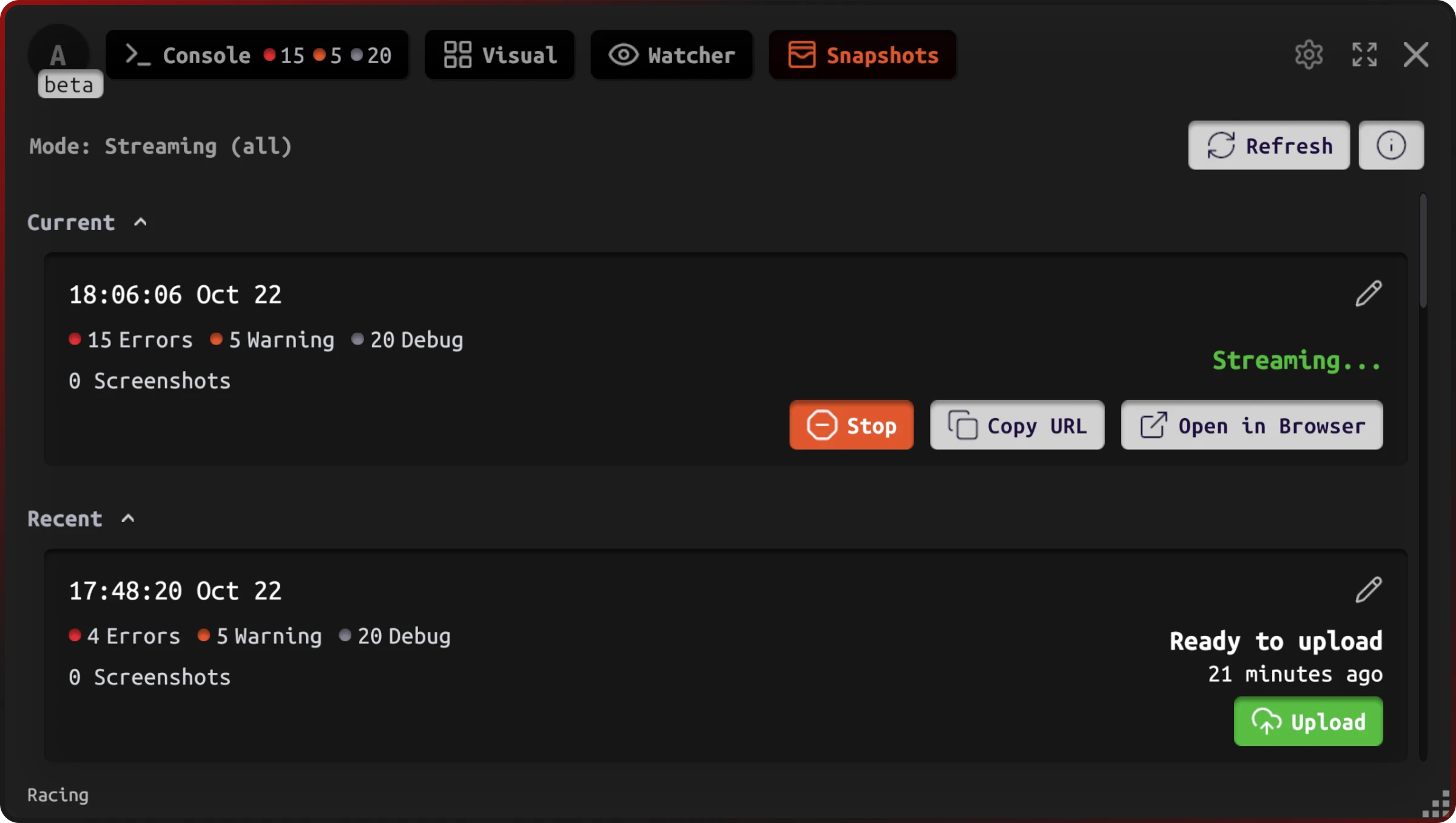 Automatic Streaming showing Unity logs streamed to Web Console