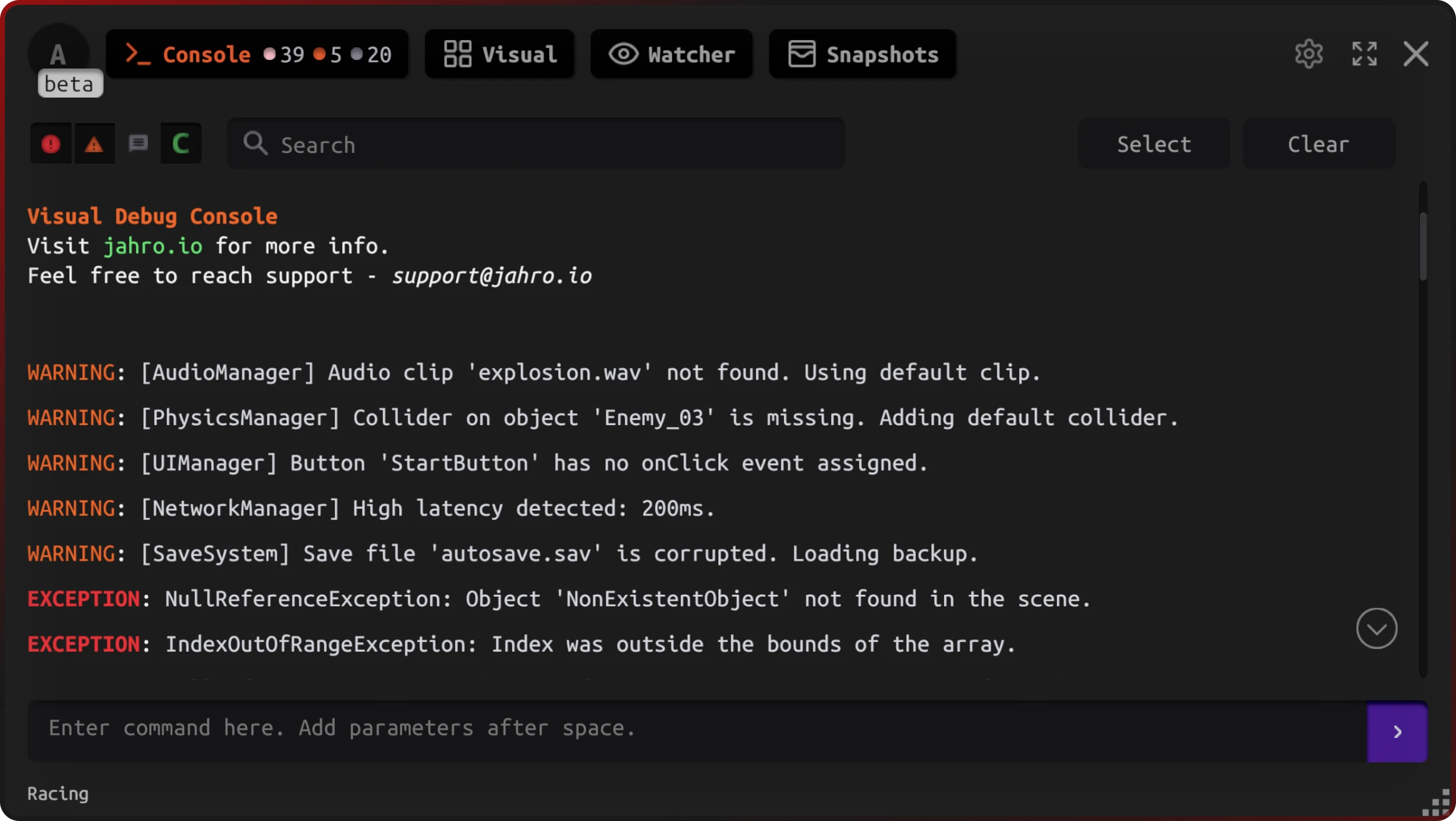 Unity in-game logs viewer showing filtered logs in Game View