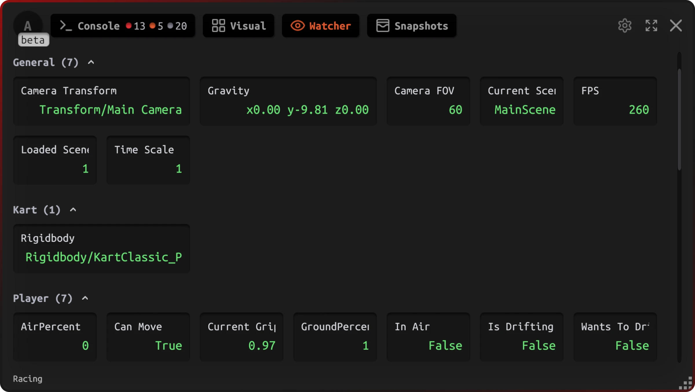 Jahro Watcher dashboard showing real-time variable monitoring with grouped cards for game state, player stats, and scene data