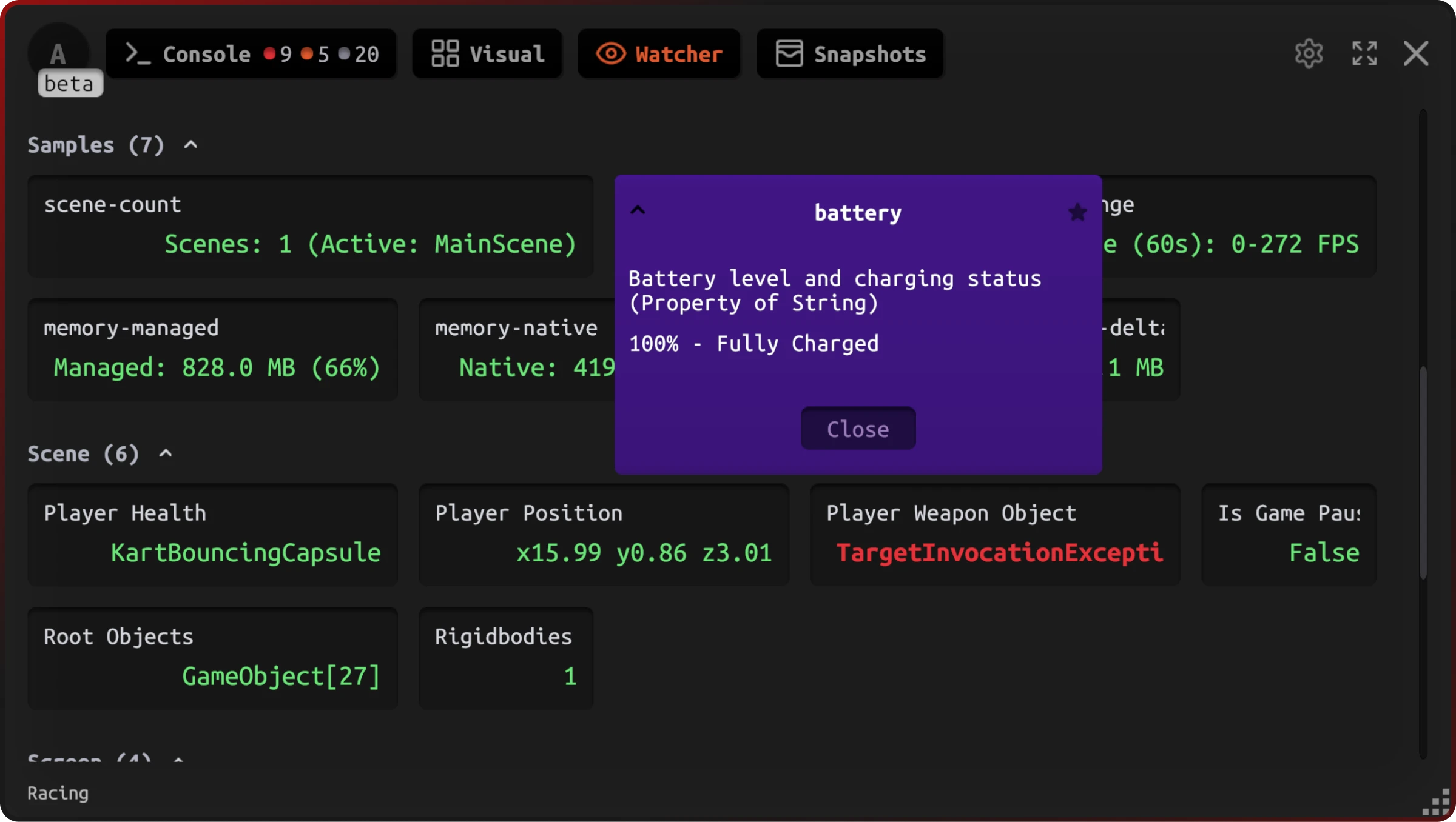 Unity watcher mode showing real-time variable monitoring in Game View
