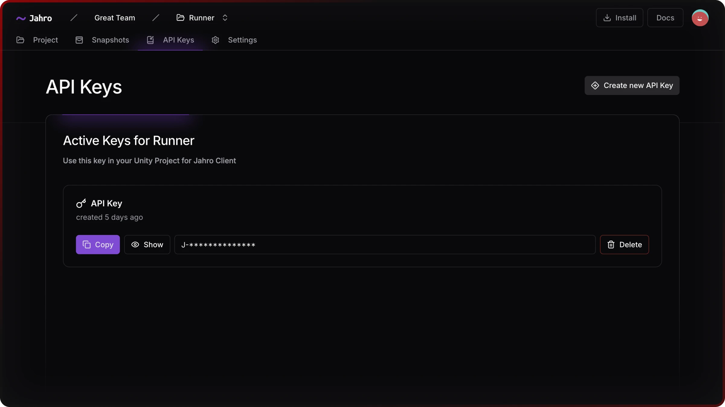 Jahro web console API keys for Unity debugging tool setup