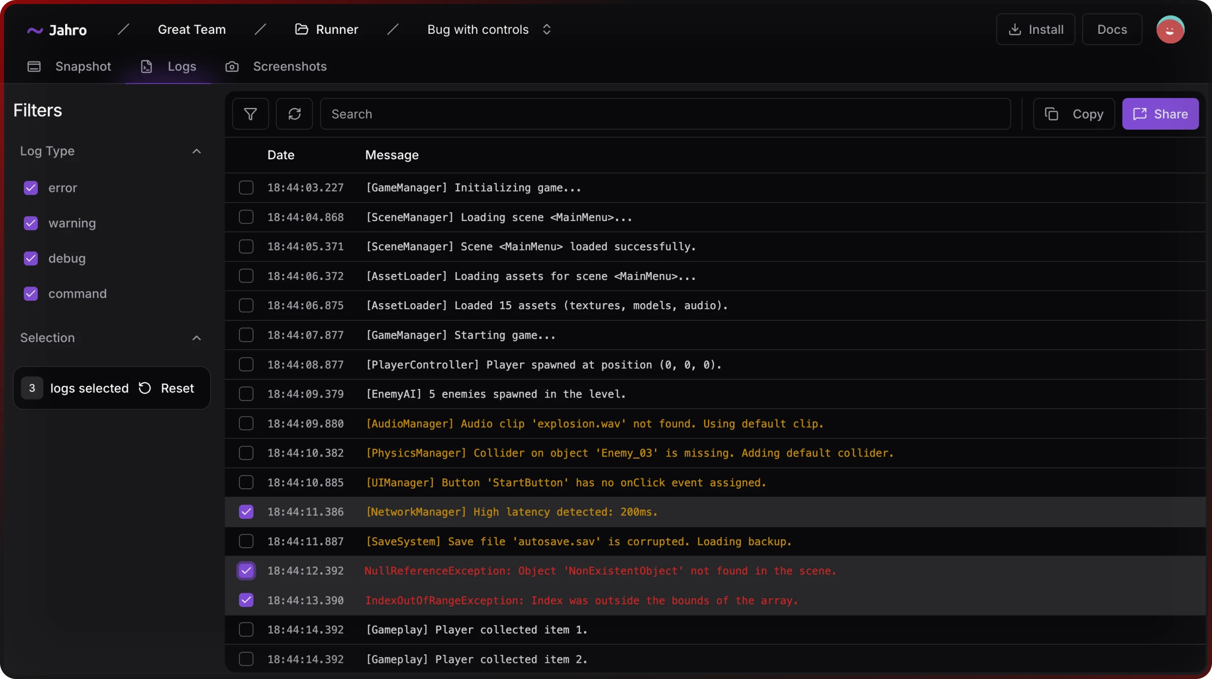jahro logs selection