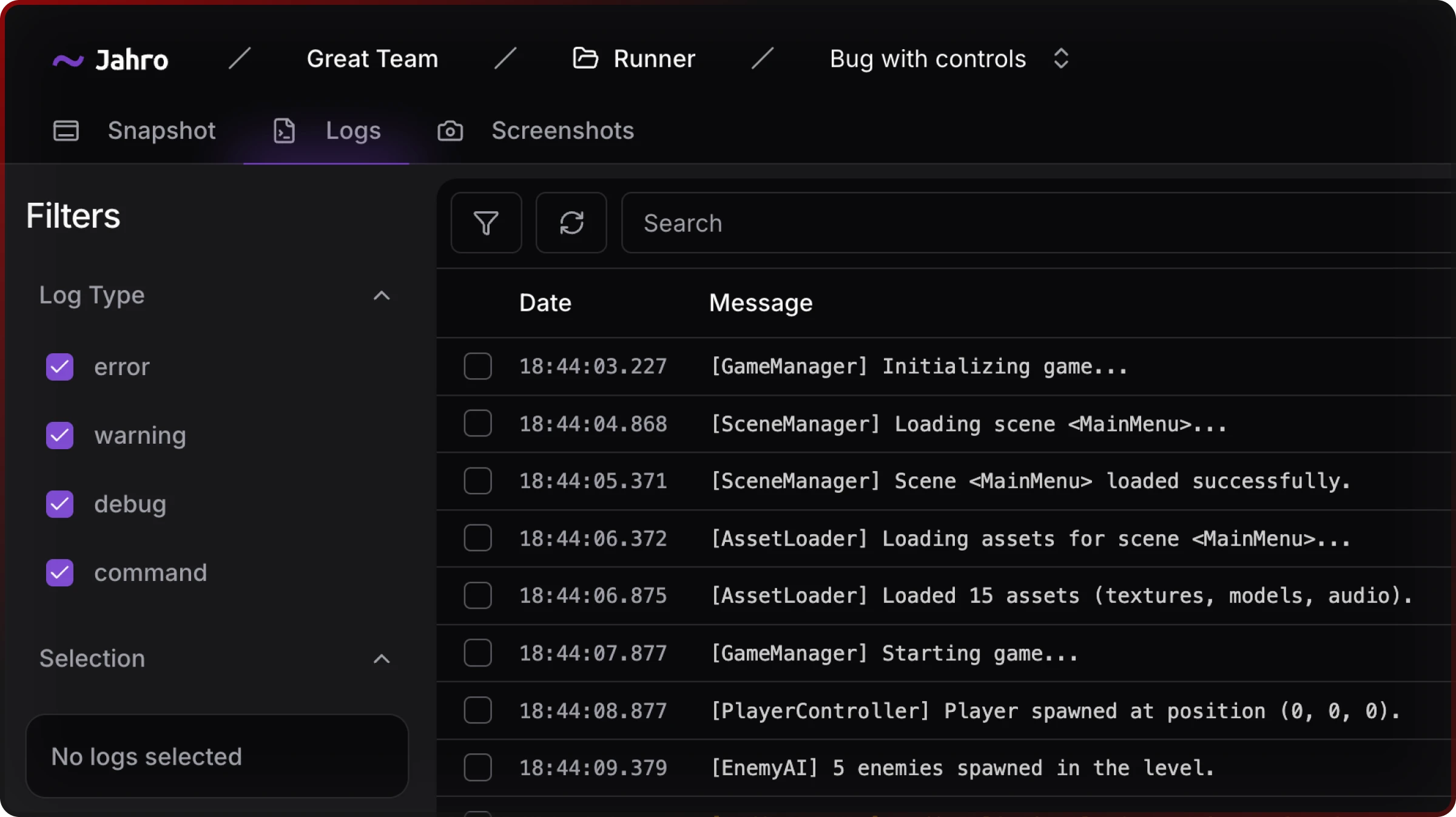 Unity logs viewer showing filtered logs in web console