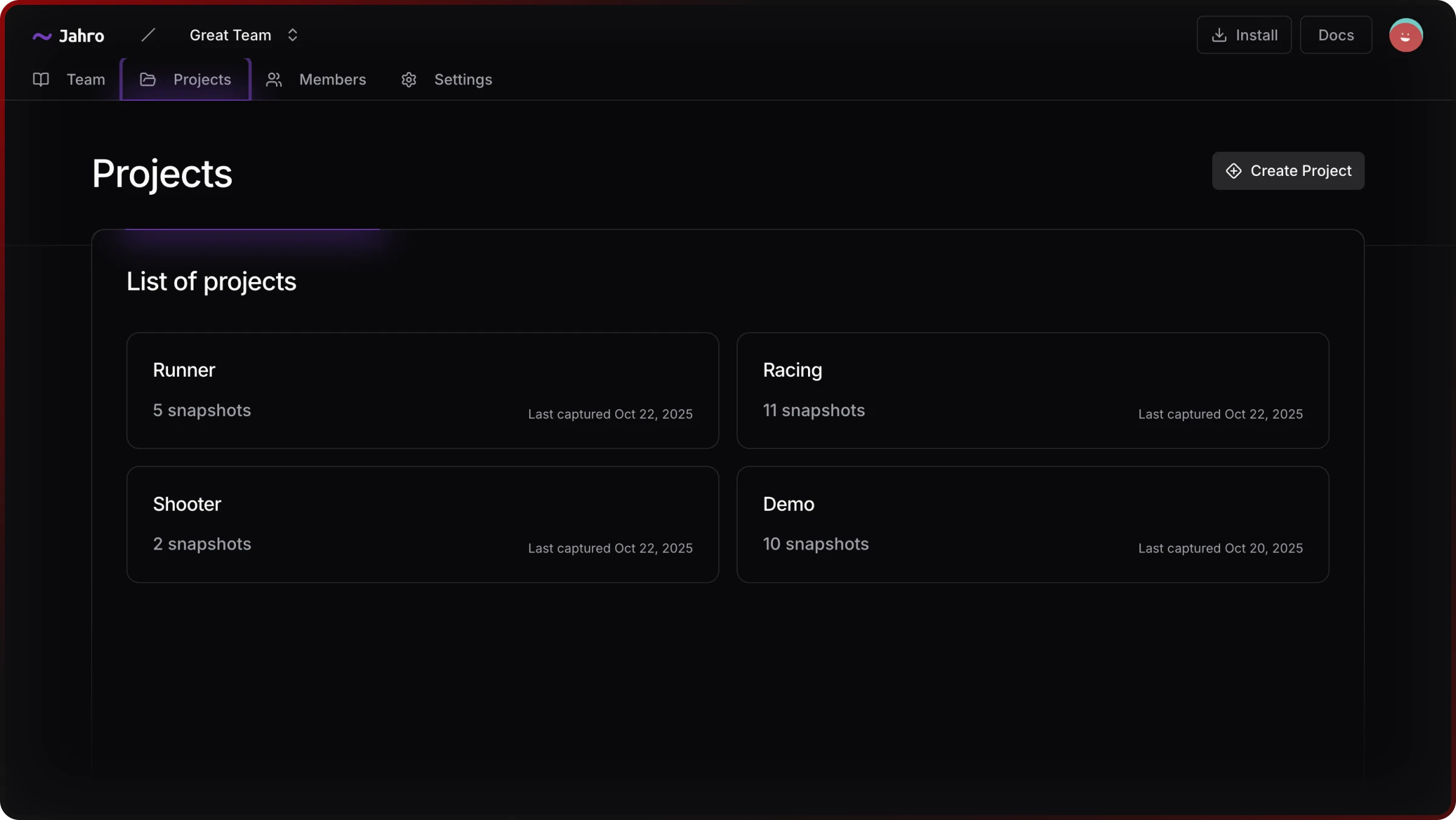 Jahro web console projects list showing multiple Unity games with snapshot counts and last capture dates