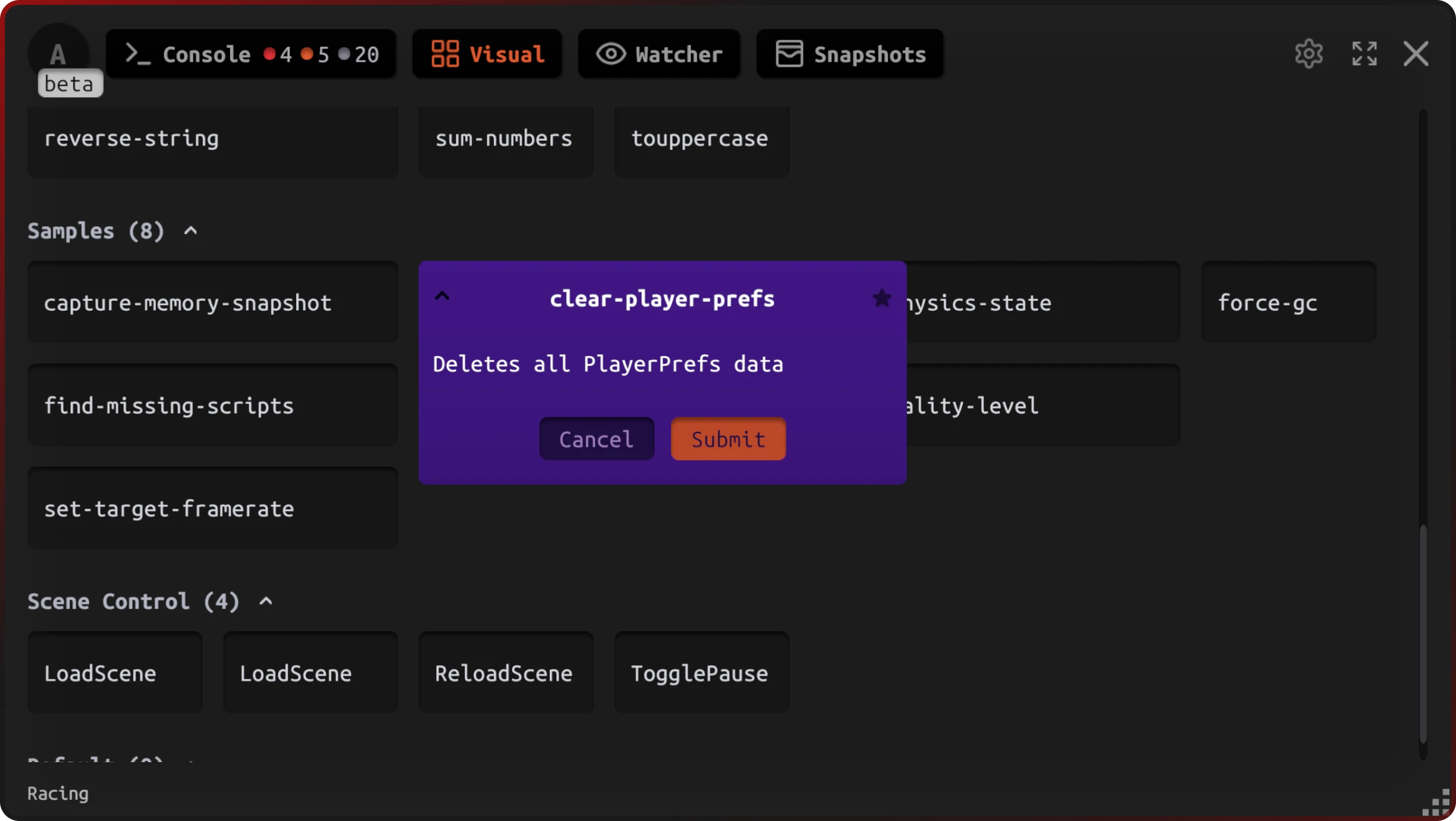 Unity debug console visual mode executing commands