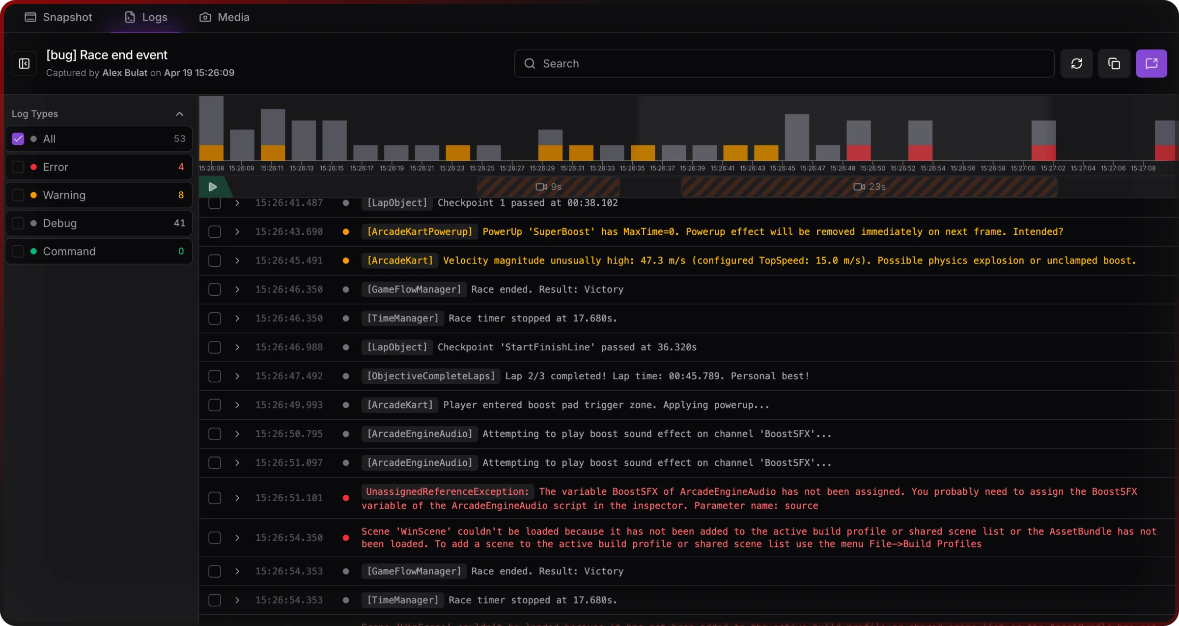Unity logs viewer with filters, search, and expandable stack traces