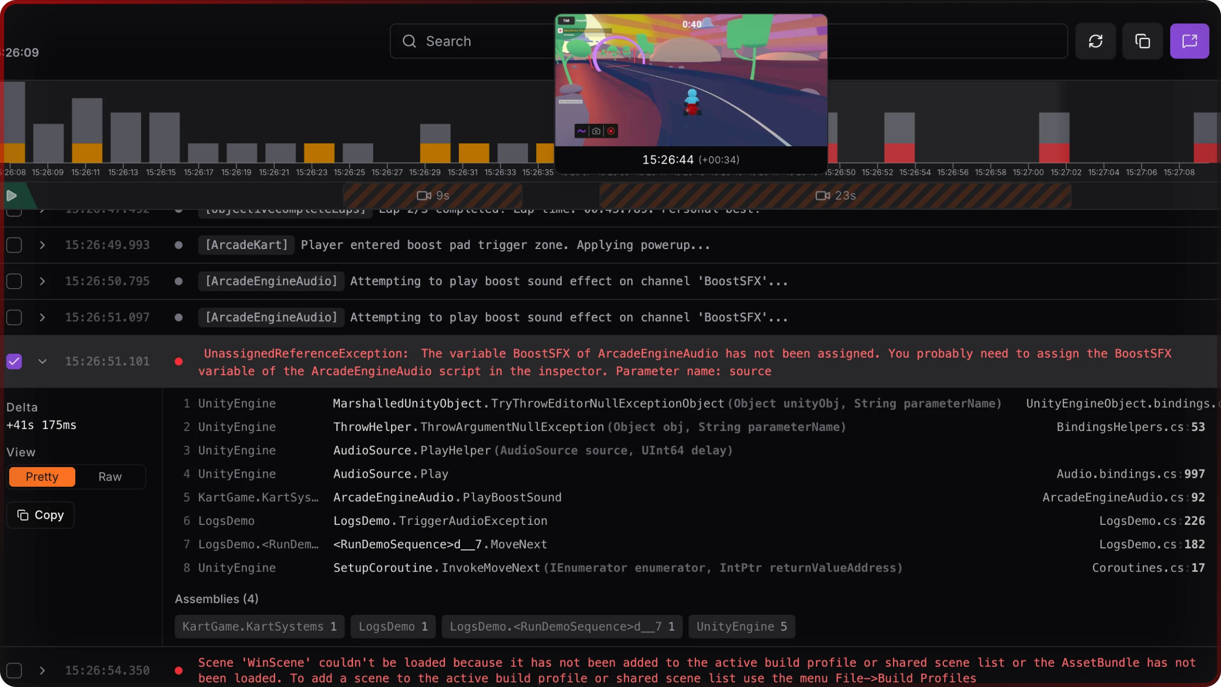 Expanded log stacktrace with Video Timeline strip and hover frame preview