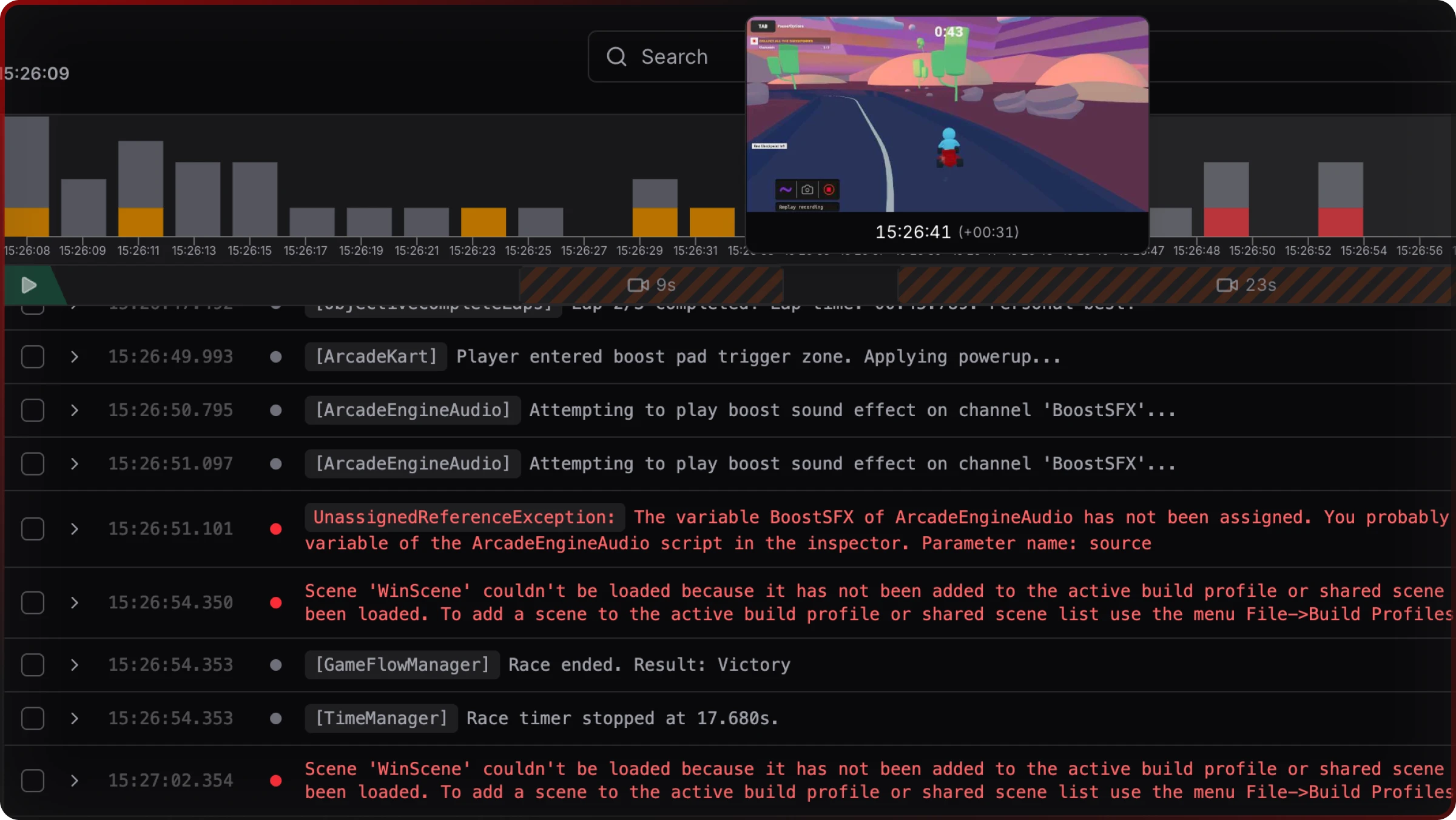 Jahro web console logs view with Video Timeline strip, hover frame preview over a segment, and Unity log table below