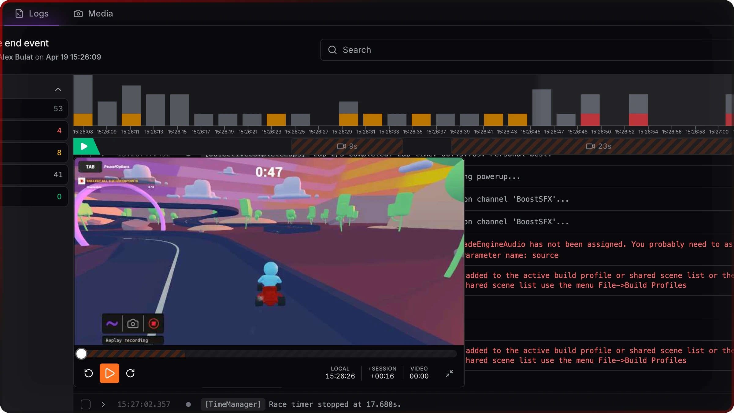 Jahro web console logs view with Video Timeline strip, hover frame preview over a segment, and Unity log table below