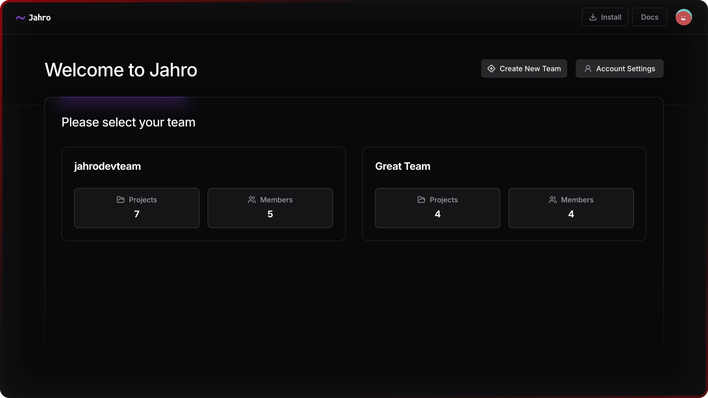 Jahro web console team dashboard