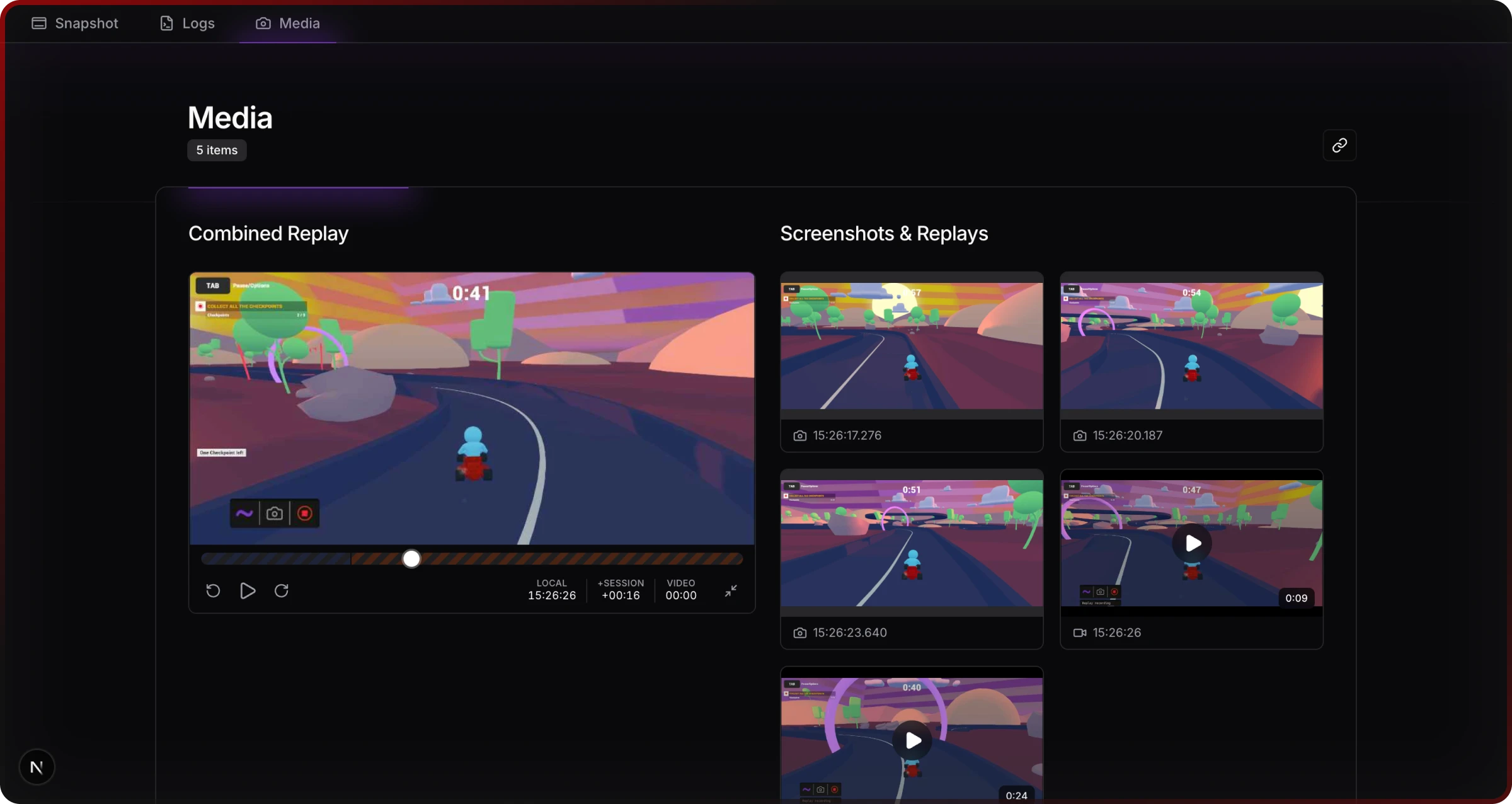 Media tab showing Combined Replay and individual video fragments with screenshots