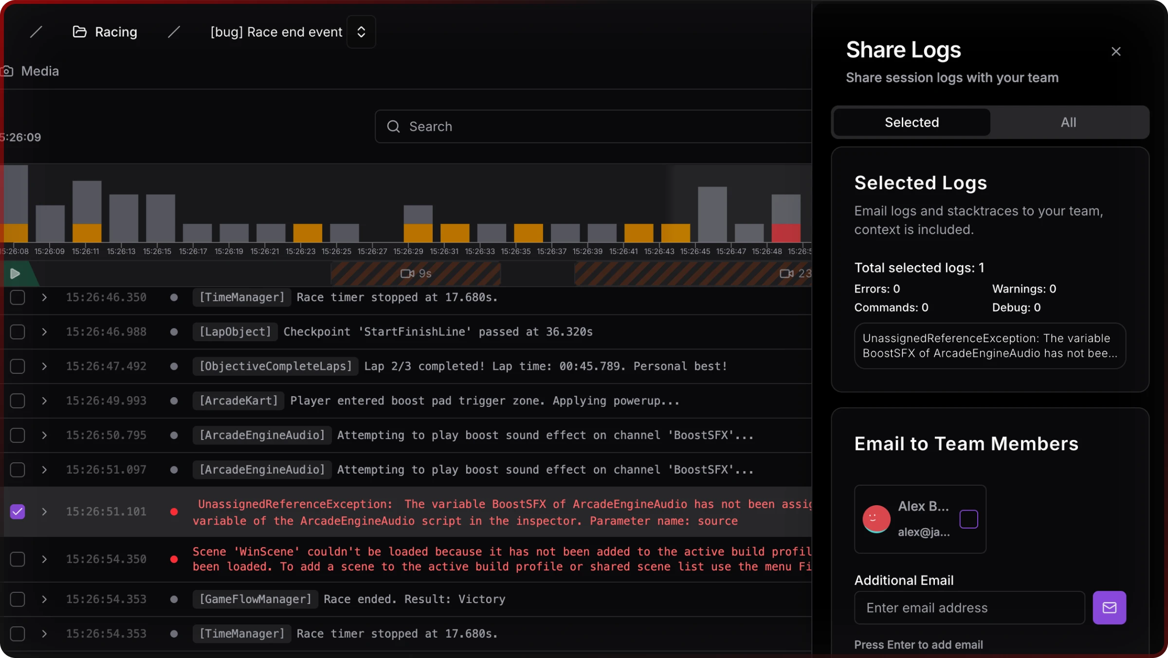 Jahro web console showing a shared session log view accessible to the whole team via a single link